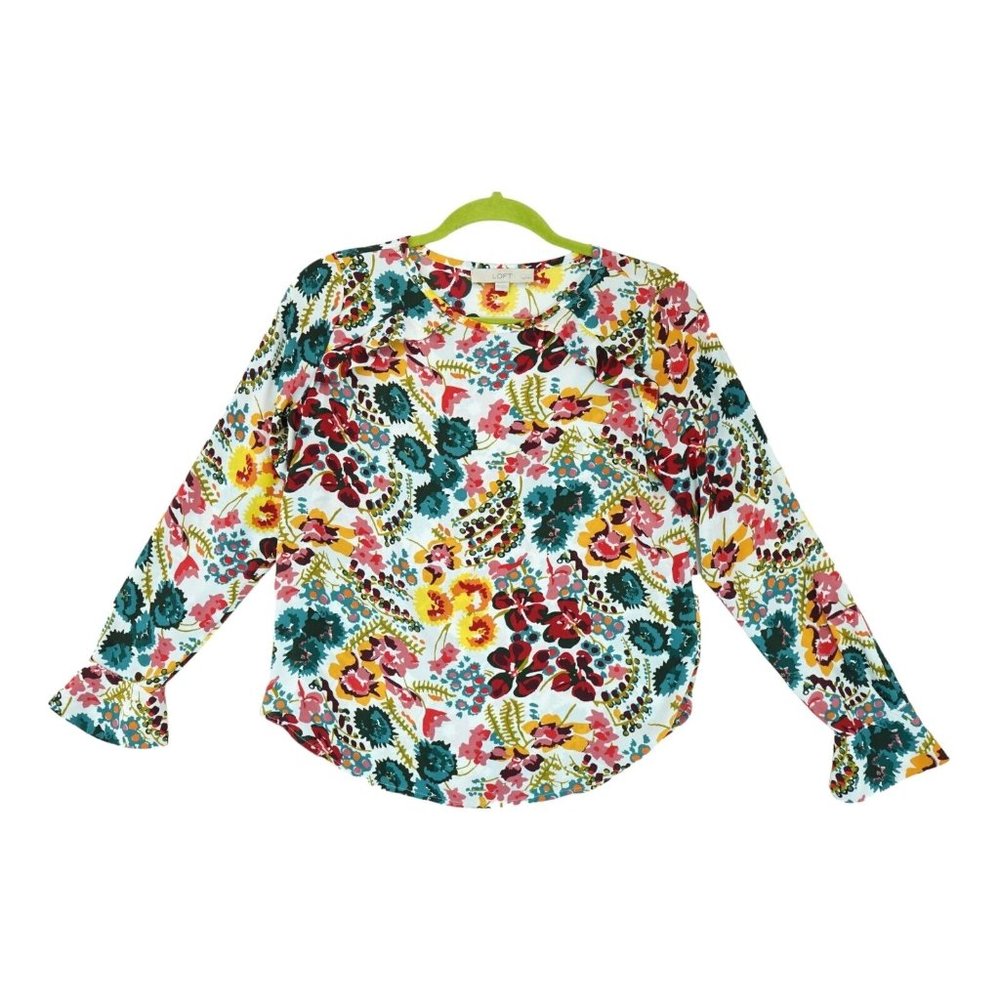 LOFT Women Floral Chiffon Long Sleeve Pullover Blouse Multicolor Size XS Petites